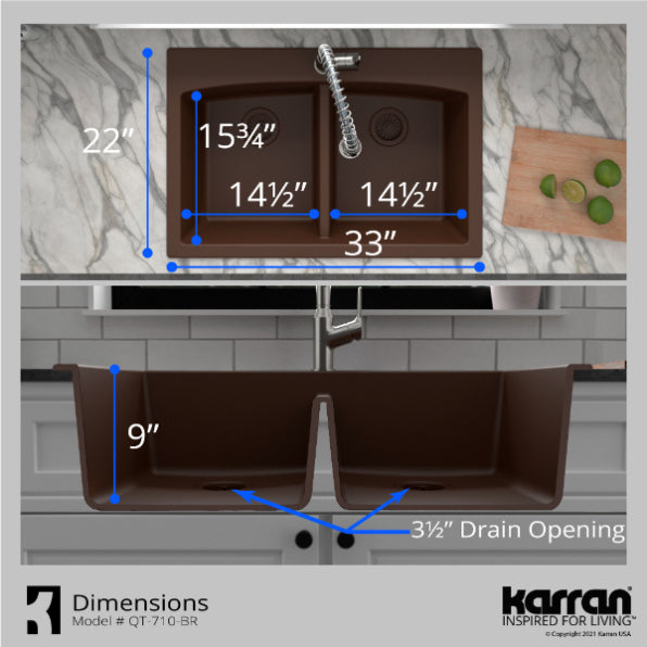Alternate Image for Karran 33" Drop In/Topmount Quartz Composite Kitchen Sink, 50/50 Double Bowl, Brown, QT-710-BR-PK1