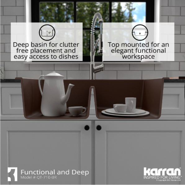 Alternate Image for Karran 33" Drop In/Topmount Quartz Composite Kitchen Sink, 50/50 Double Bowl, Brown, QT-710-BR