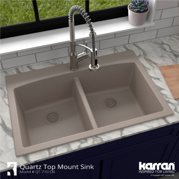 Alternate Image for Karran 33" Drop In/Topmount Quartz Composite Kitchen Sink, 50/50 Double Bowl, Concrete, QT-710-CN-PK1