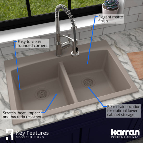 Alternate Image for Karran 33" Drop In/Topmount Quartz Composite Kitchen Sink, 50/50 Double Bowl, Concrete, QT-710-CN