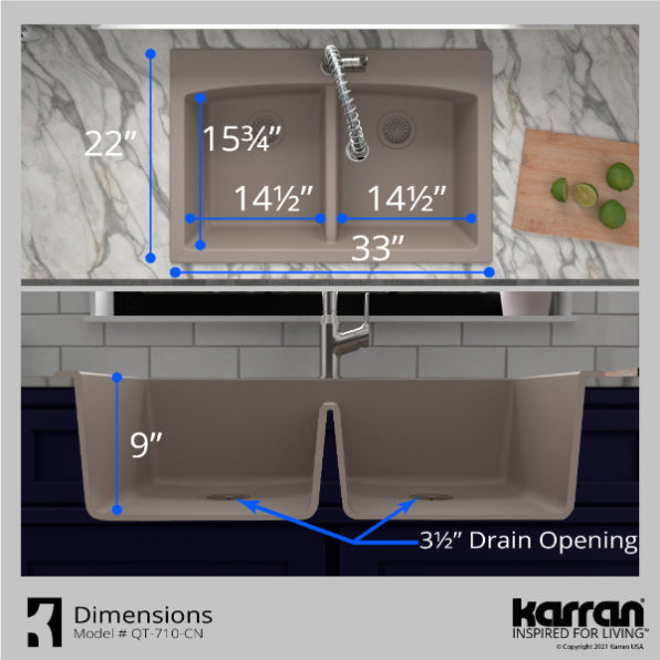 Alternate Image for Karran 33" Drop In/Topmount Quartz Composite Kitchen Sink, 50/50 Double Bowl, Concrete, QT-710-CN-PK1