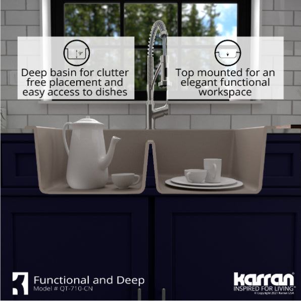 Alternate Image for Karran 33" Drop In/Topmount Quartz Composite Kitchen Sink, 50/50 Double Bowl, Concrete, QT-710-CN