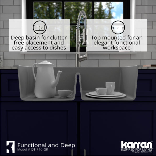 Alternate Image for Karran 33" Drop In/Topmount Quartz Composite Kitchen Sink, 50/50 Double Bowl, Grey, QT-710-GR-PK1