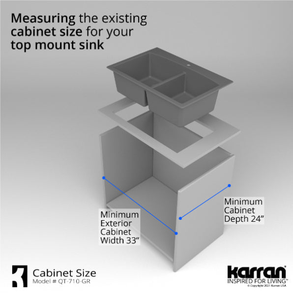 Alternate Image for Karran 33" Drop In/Topmount Quartz Composite Kitchen Sink, 50/50 Double Bowl, Grey, QT-710-GR-PK1