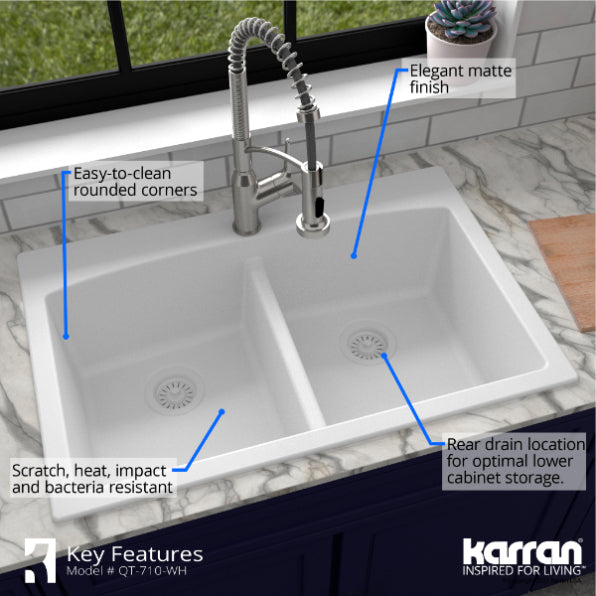 Alternate Image for Karran 33" Drop In/Topmount Quartz Composite Kitchen Sink, 50/50 Double Bowl, White, QT-710-WH