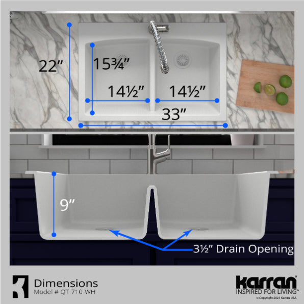 Alternate Image for Karran 33" Drop In/Topmount Quartz Composite Kitchen Sink, 50/50 Double Bowl, White, QT-710-WH-PK1