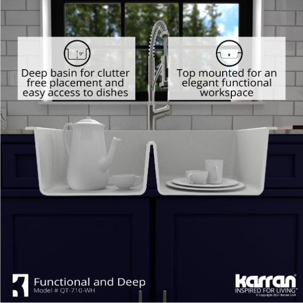 Alternate Image for Karran 33" Drop In/Topmount Quartz Composite Kitchen Sink, 50/50 Double Bowl, White, QT-710-WH-PK1
