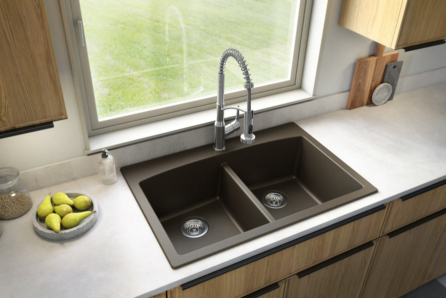 Alternate Image for Karran 33" Drop In/Topmount Quartz Composite Kitchen Sink, 50/50 Double Bowl, Brown, QT-710-BR-PK1