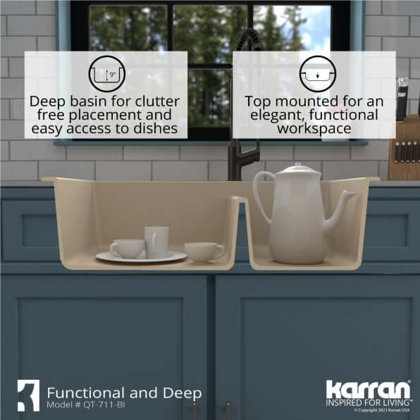 Alternate Image for Karran 33" Drop In/Topmount Quartz Composite Kitchen Sink, 50/50 Double Bowl, Bisque, QT-710-BI