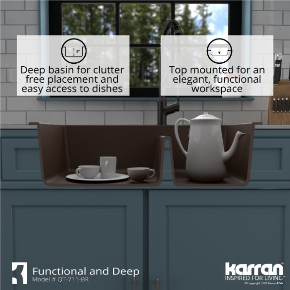 Alternate Image for Karran 33" Drop In/Topmount Quartz Composite Kitchen Sink, 60/40 Double Bowl, Brown, QT-711-BR-PK1