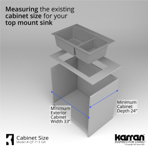 Alternate Image for Karran 33" Drop In/Topmount Quartz Composite Kitchen Sink, 60/40 Double Bowl, Grey, QT-711-GR