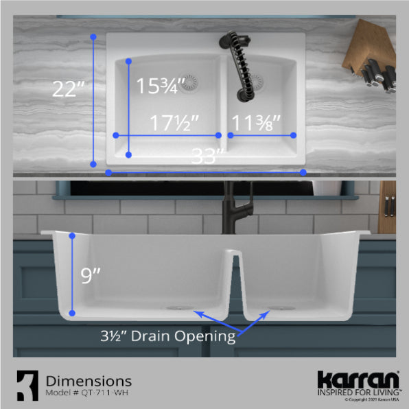 Alternate Image for Karran 33" Drop In/Topmount Quartz Composite Kitchen Sink, 60/40 Double Bowl, White, QT-711-WH-PK1