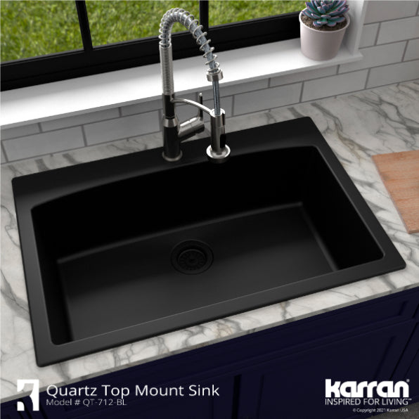 Alternate Image for Karran 33" Drop In/Topmount Quartz Composite Kitchen Sink, Black, QT-712-BL-PK1