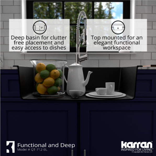Alternate Image for Karran 33" Drop In/Topmount Quartz Composite Kitchen Sink, Black, QT-712-BL-PK1