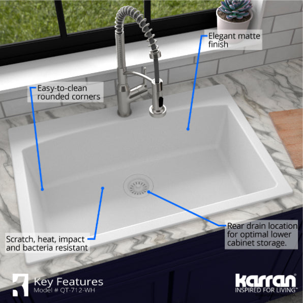Alternate Image for Karran 33" Drop In/Topmount Quartz Composite Kitchen Sink, White, QT-712-WH-PK1
