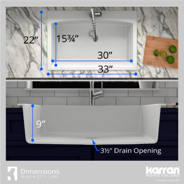Alternate Image for Karran 33" Drop In/Topmount Quartz Composite Kitchen Sink, White, QT-712-WH-PK1