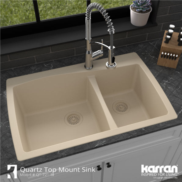 Alternate Image for Karran 34" Drop In/Topmount Quartz Composite Kitchen Sink, 60/40 Double Bowl, Bisque, QT-721-BI