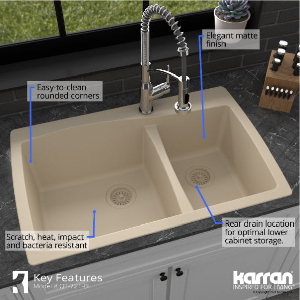 Alternate Image for Karran 34" Drop In/Topmount Quartz Composite Kitchen Sink, 60/40 Double Bowl, Bisque, QT-721-BI