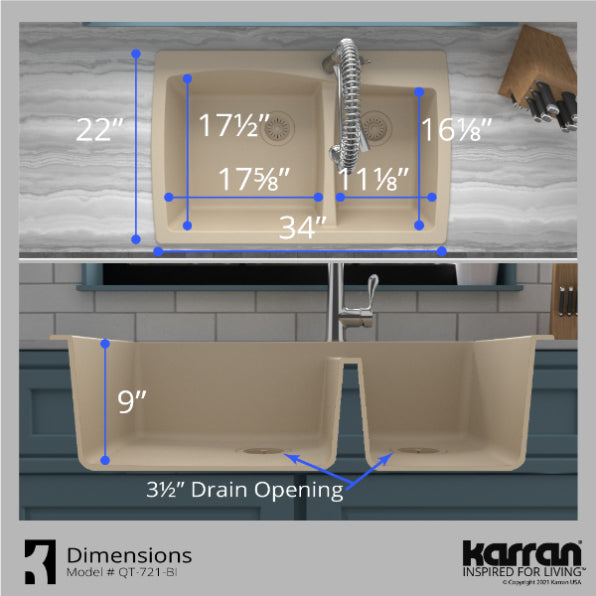 Alternate Image for Karran 34" Drop In/Topmount Quartz Composite Kitchen Sink, 60/40 Double Bowl, Bisque, QT-721-BI