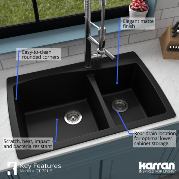 Alternate Image for Karran 34" Drop In/Topmount Quartz Composite Kitchen Sink, 60/40 Double Bowl, Black, QT-721-BL