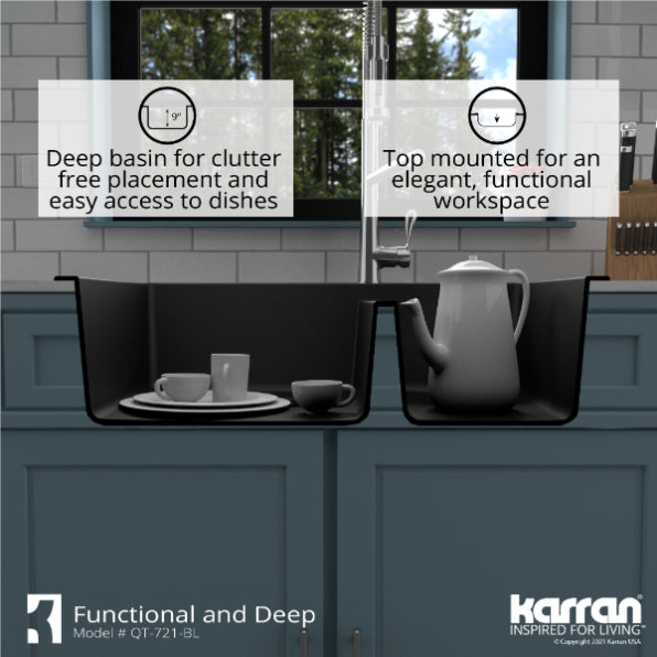 Alternate Image for Karran 34" Drop In/Topmount Quartz Composite Kitchen Sink, 60/40 Double Bowl, Black, QT-721-BL