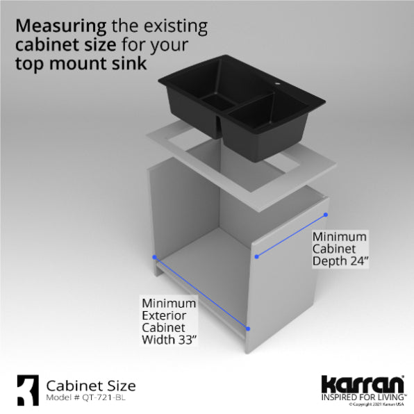 Alternate Image for Karran 34" Drop In/Topmount Quartz Composite Kitchen Sink, 60/40 Double Bowl, Black, QT-721-BL