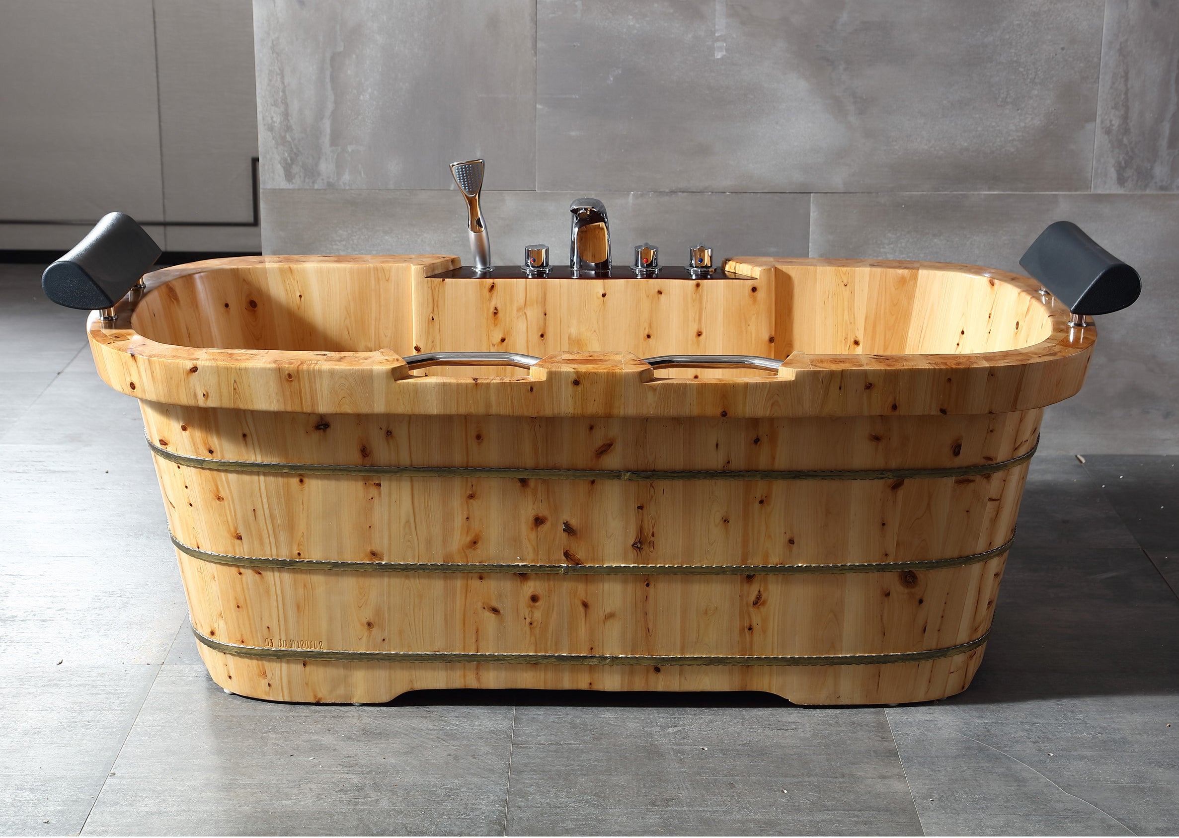 Alternate Image for ALFI brand 65" Cedar Wood Free Standing Oval Bathtub with Fixtures & Headrests, Natural Wood, AB1130