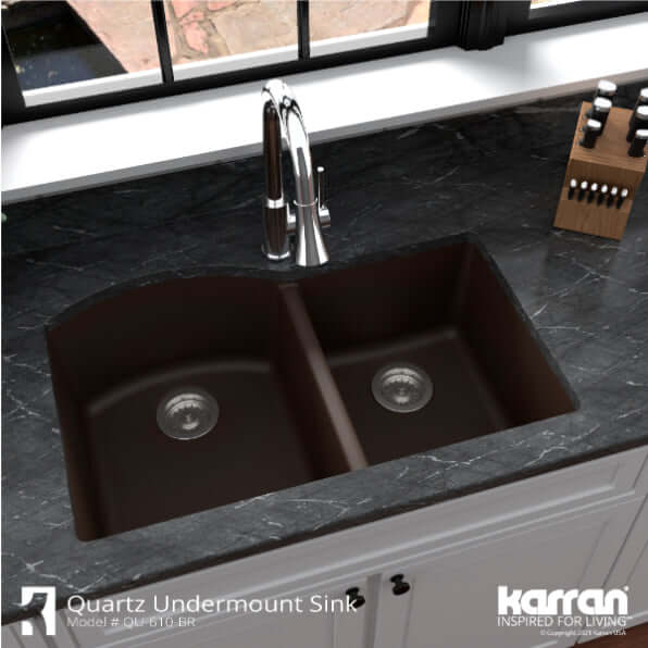 Alternate Image for Karran 32" Undermount Quartz Composite Kitchen Sink, 60/40 Double Bowl, Brown, QU-610-BR-PK1
