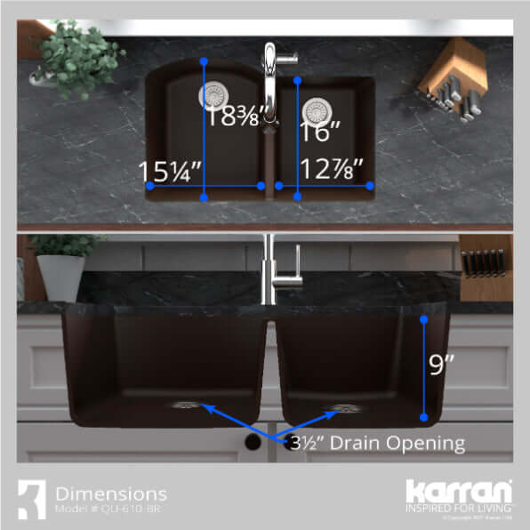 Alternate Image for Karran 32" Undermount Quartz Composite Kitchen Sink, 60/40 Double Bowl, Brown, QU-610-BR-PK1