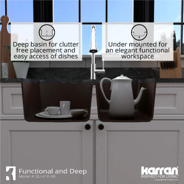 Alternate Image for Karran 32" Undermount Quartz Composite Kitchen Sink, 60/40 Double Bowl, Brown, QU-610-BR-PK1