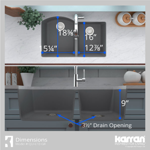 Alternate Image for Karran 32" Undermount Quartz Composite Kitchen Sink, 60/40 Double Bowl, Grey, QU-610-GR