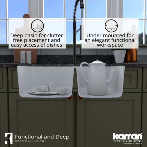 Alternate Image for Karran 32" Undermount Quartz Composite Kitchen Sink, 60/40 Double Bowl, White, QU-610-WH-PK1