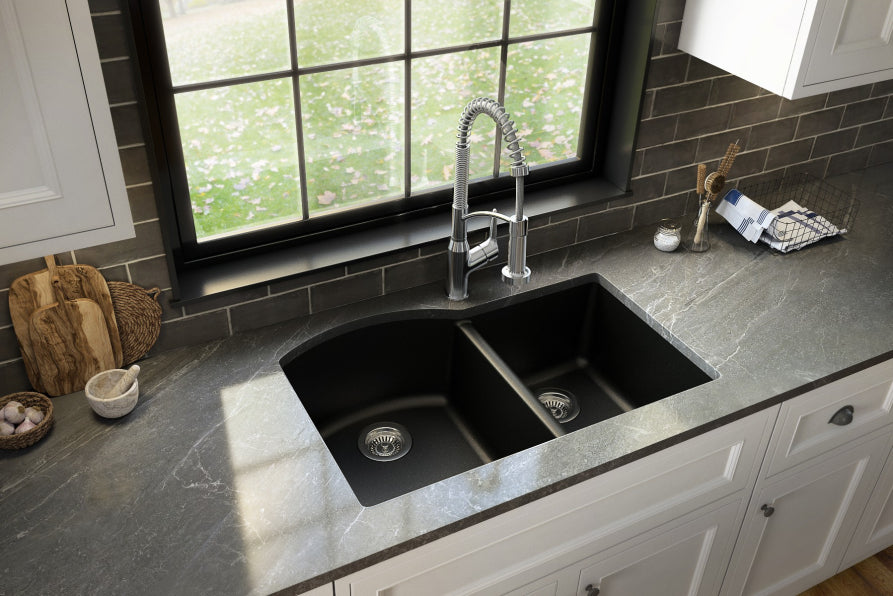 Alternate Image for Karran 32" Undermount Quartz Composite Kitchen Sink, 60/40 Double Bowl, Black, QU-610-BL