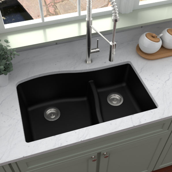 Karran 32" Undermount Quartz Composite Kitchen Sink, 60/40 Double Bowl, Black, QU-630-BL