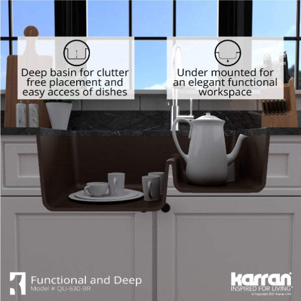 Alternate Image for Karran 32" Undermount Quartz Composite Kitchen Sink, 60/40 Double Bowl, Brown, QU-630-BR