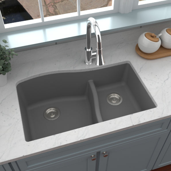 Karran 32" Undermount Quartz Composite Kitchen Sink, 60/40 Double Bowl, Grey, QU-630-GR