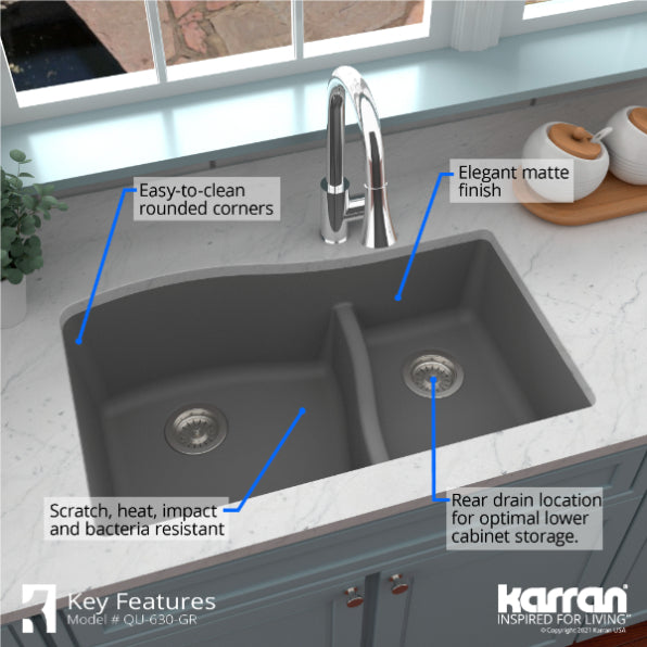 Alternate Image for Karran 32" Undermount Quartz Composite Kitchen Sink, 60/40 Double Bowl, Grey, QU-630-GR