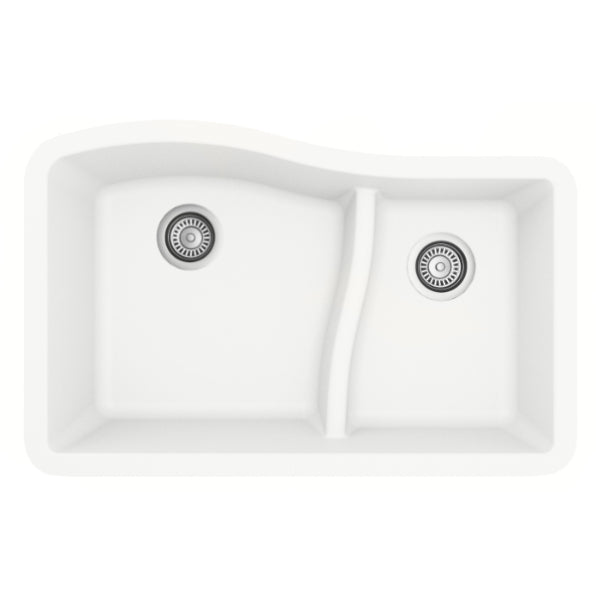 Karran 32" Undermount Quartz Composite Kitchen Sink, 60/40 Double Bowl, White, QU-630-WH
