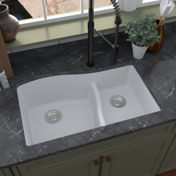 Karran 32" Undermount Quartz Composite Kitchen Sink, 60/40 Double Bowl, White, QU-630-WH