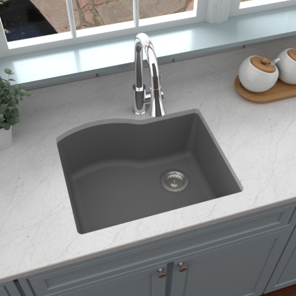 Alternate Image for Karran 24" Undermount Quartz Composite Kitchen Sink, Grey, QU-671-GR-PK1