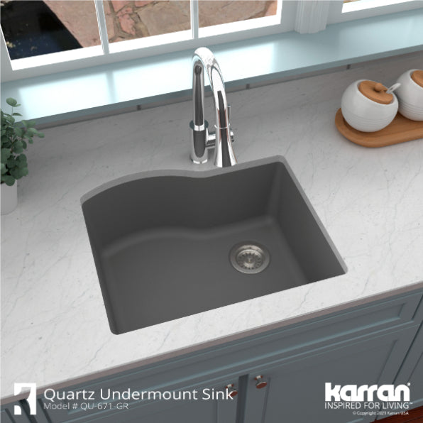 Alternate Image for Karran 24" Undermount Quartz Composite Kitchen Sink, Grey, QU-671-GR-PK1