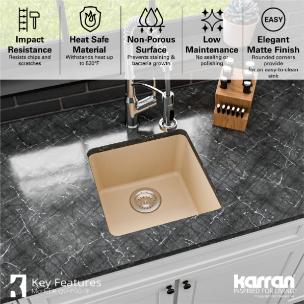 Alternate Image for Karran 17" Undermount Quartz Composite Kitchen Sink, Bisque, QU-690-BI