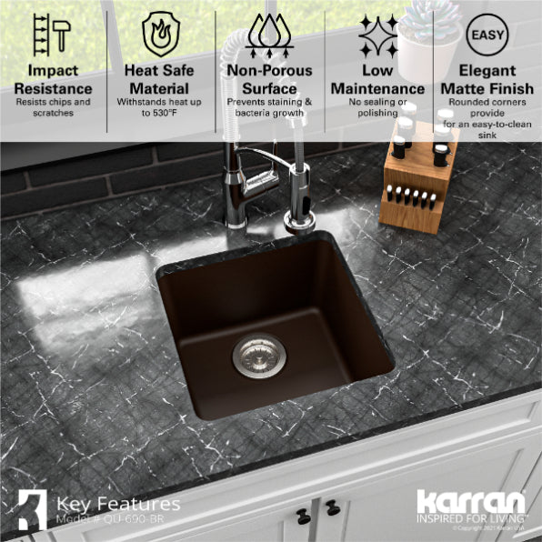Alternate Image for Karran 17" Undermount Quartz Composite Kitchen Sink, Brown, QU-690-BR