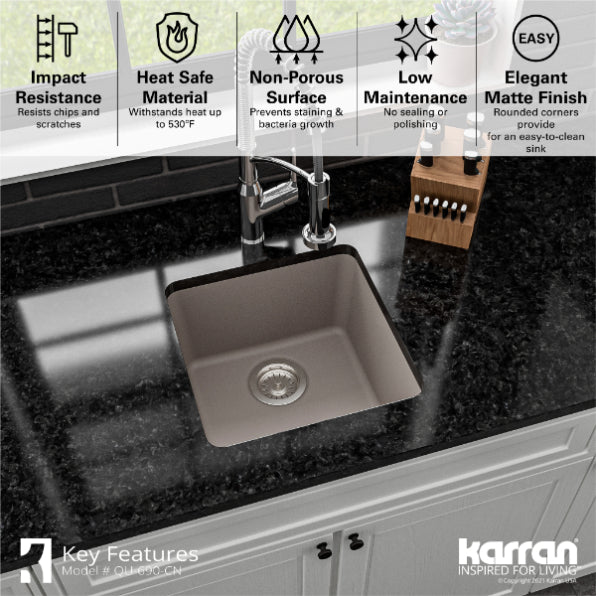 Alternate Image for Karran 17" Undermount Quartz Composite Kitchen Sink, Concrete, QU-690-CN