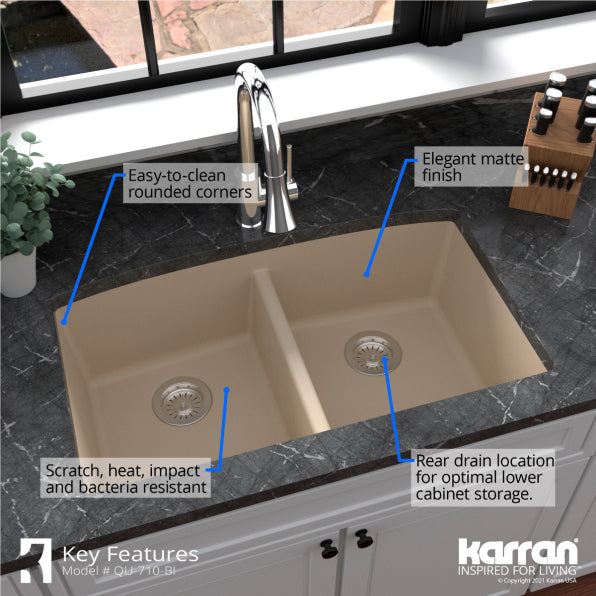 Alternate Image for Karran 33" Undermount Quartz Composite Kitchen Sink, 50/50 Double Bowl, Bisque, QU-710-BI-PK1
