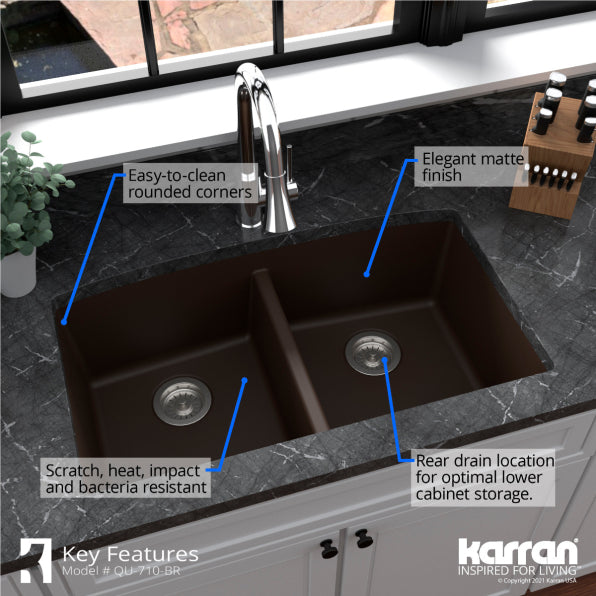 Alternate Image for Karran 33" Undermount Quartz Composite Kitchen Sink, 50/50 Double Bowl, Brown, QU-710-BR