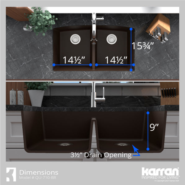 Alternate Image for Karran 33" Undermount Quartz Composite Kitchen Sink, 50/50 Double Bowl, Brown, QU-710-BR-PK1