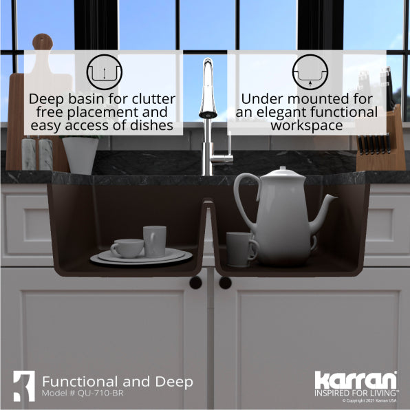 Alternate Image for Karran 33" Undermount Quartz Composite Kitchen Sink, 50/50 Double Bowl, Brown, QU-710-BR