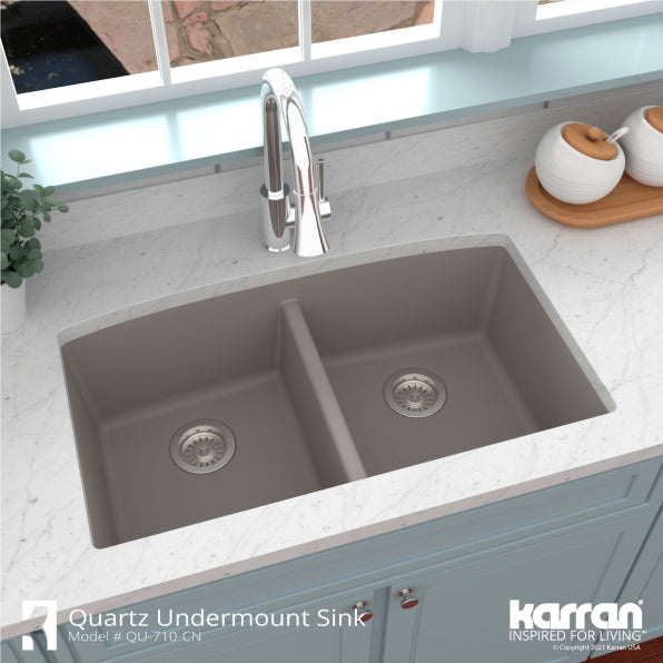 Alternate Image for Karran 33" Undermount Quartz Composite Kitchen Sink, 50/50 Double Bowl, Concrete, QU-710-CN-PK1