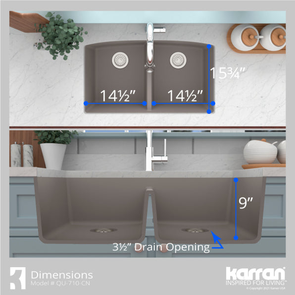 Alternate Image for Karran 33" Undermount Quartz Composite Kitchen Sink, 50/50 Double Bowl, Concrete, QU-710-CN-PK1